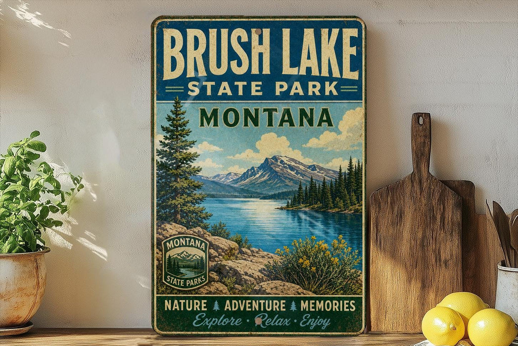 A vintage-style sign for Brush Lake State Park in Montana, featuring a scenic landscape with mountains, a lake, and pine trees.
