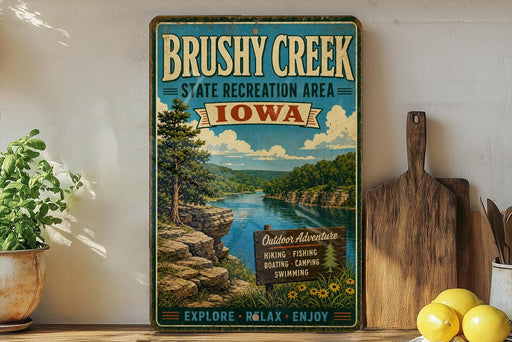 A vintage-style sign for the Brushy Creek State Recreation Area in Iowa, featuring a scenic landscape with a river, mountains, and a pine tree.