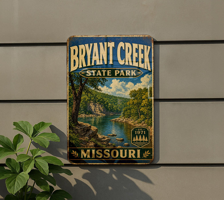 A vintage-style sign for Bryant Creek State Park in Missouri, featuring a scenic illustration of the creek surrounded by lush greenery.