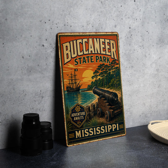 A vintage-style metal sign for Buccanee State Park, featuring a cannon, a ship, and a sunset landscape.