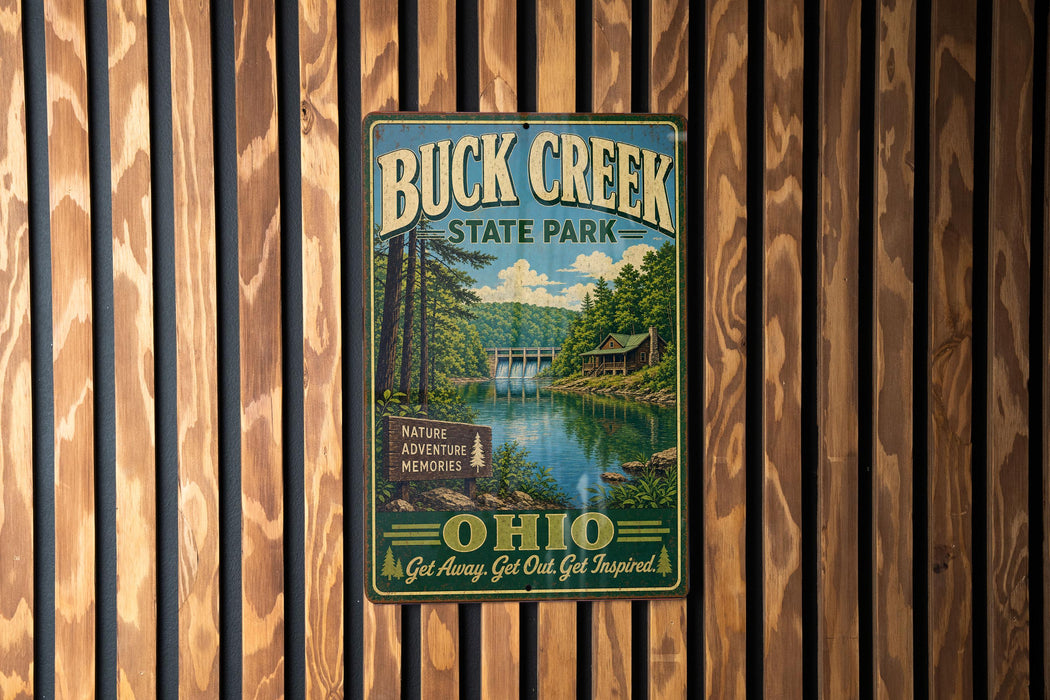 A vintage-style metal sign for Buck Creek State Park in Ohio, featuring a scenic image of the park and its surroundings.