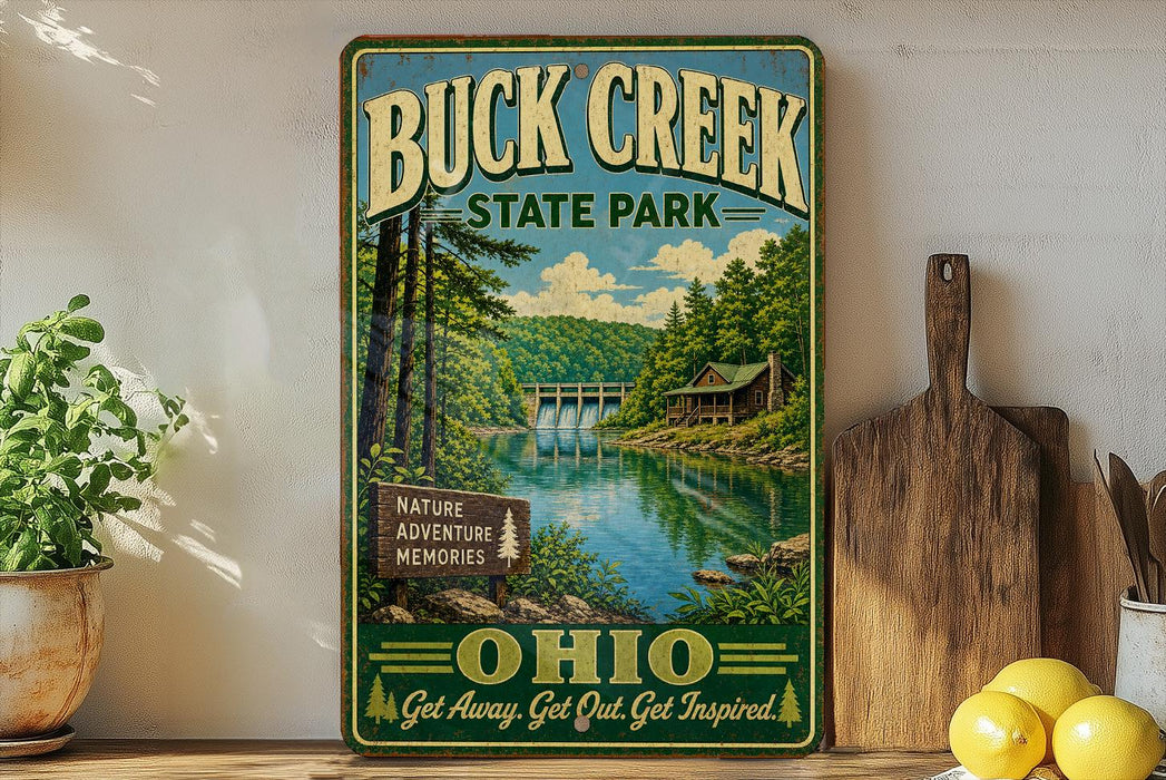 A vintage-style metal sign for Buck Creek State Park in Ohio, featuring a scenic landscape with a lake, forest, and cabin.