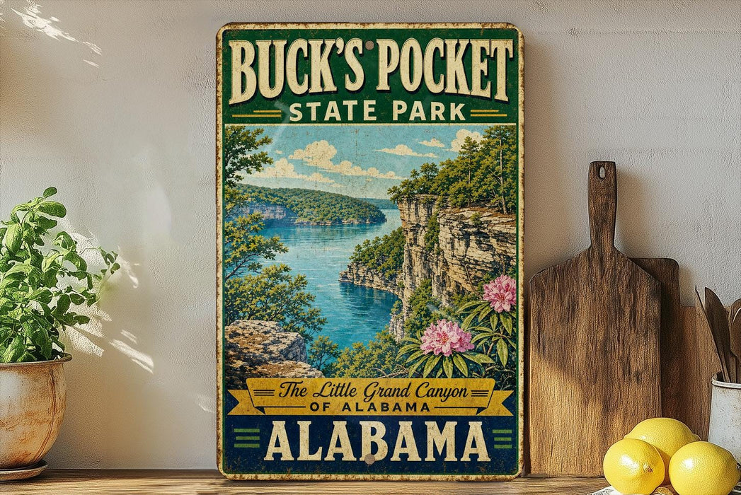 A vintage-style sign for Buck's Pocket State Park, featuring a scenic image of the Little Grand Canyon of Alabama, with a wooden paddle and a potted plant in the foreground.