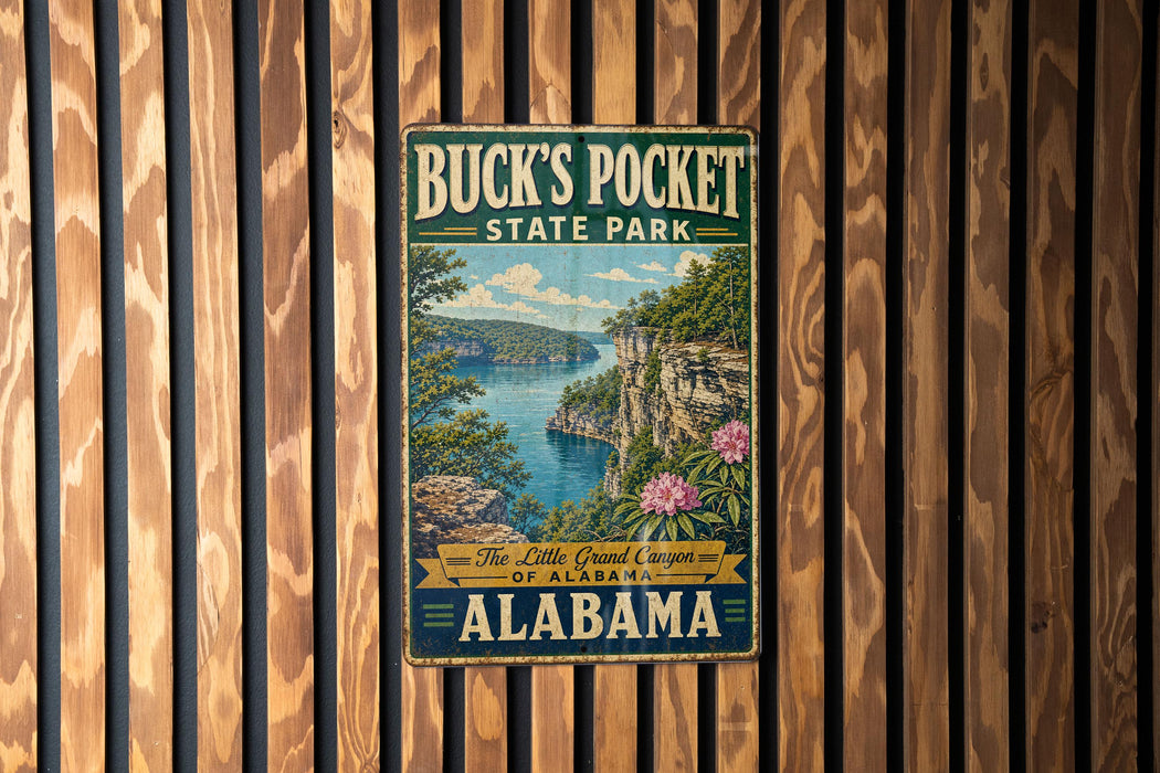 A vintage-style metal sign for Buck's Pocket State Park in Alabama, featuring a scenic landscape with a lake, mountains, and flowers.