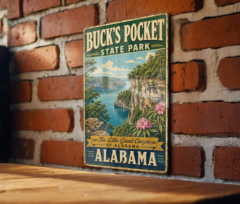 A vintage-style metal sign for Buck's Pocket State Park in Alabama, featuring a scenic landscape with a river and cliffs.