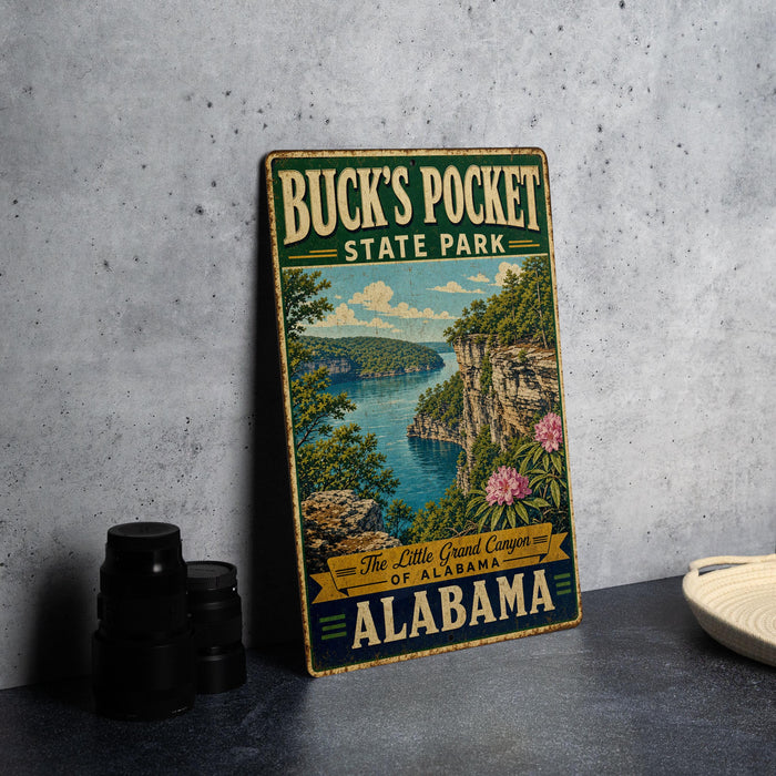 A vintage-style metal sign for Buck's Pocket State Park in Alabama, featuring a scenic landscape with a lake and mountains.