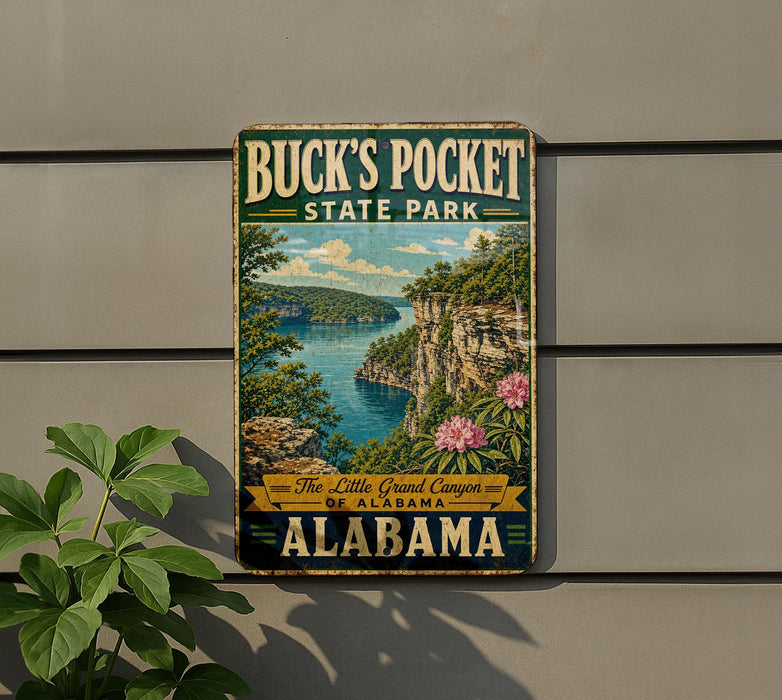 A vintage-style sign for Buck's Pocket State Park in Alabama, featuring a scenic landscape with a lake, cliffs, and flowers.