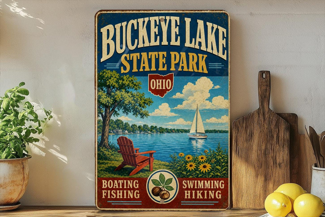 A vintage-style sign for Buckeye Lake State Park, featuring a scenic illustration of a lake, a sailboat, and a wooden dock with a chair.