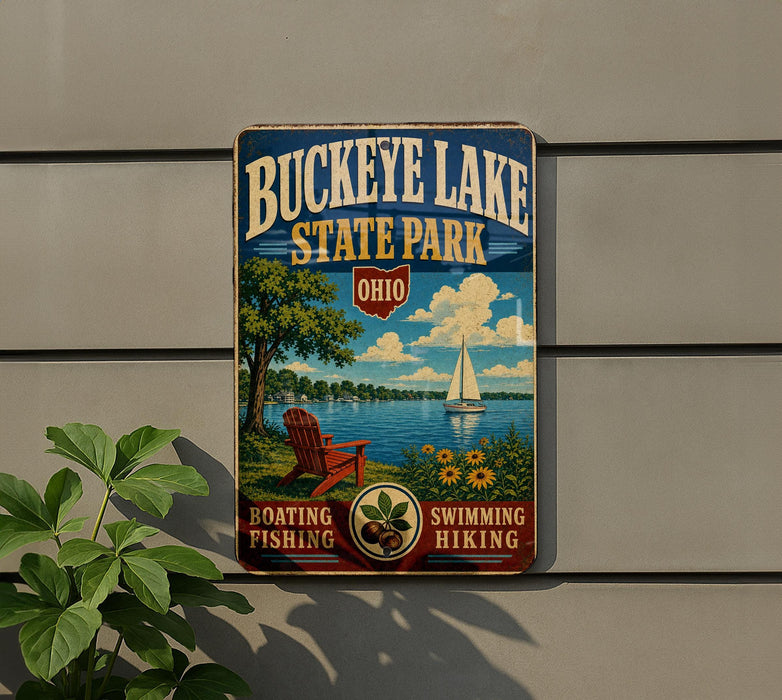 A vintage-style sign for Buckeye Lake State Park, featuring a scenic illustration of a lake, a sailboat, and a peaceful outdoor setting with a chair and flowers.