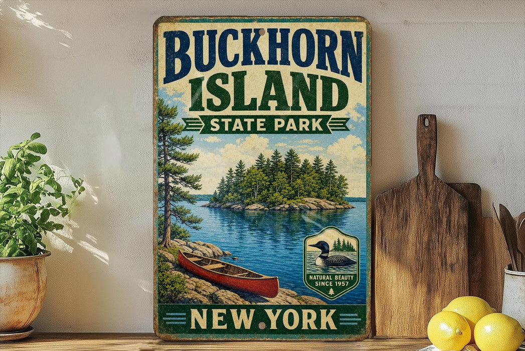 A vintage-style sign for Buckhorn Island State Park in New York, featuring a scenic image of a lake, island, and canoe.