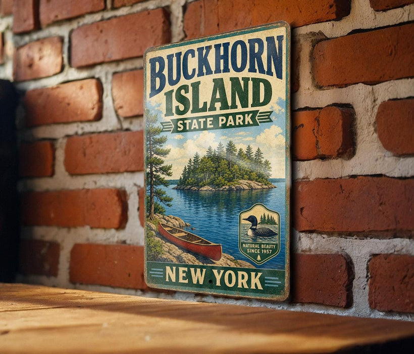 A vintage-style metal sign for Buckhorn Island State Park in New York, featuring a scenic illustration of a lake, island, and canoe.