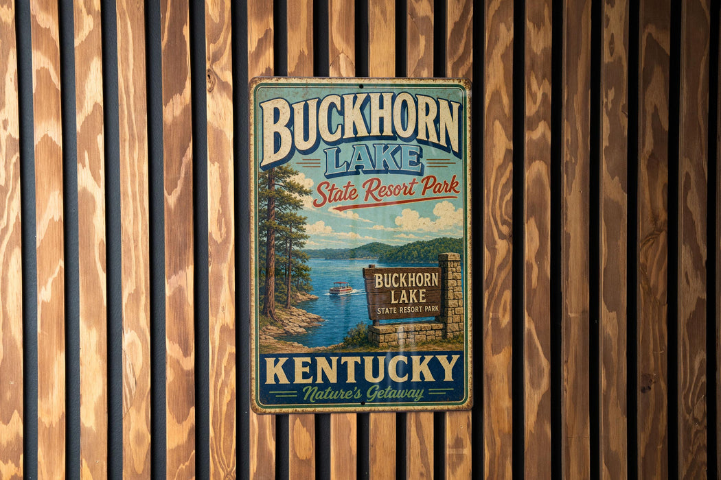 A vintage metal sign for Buckhorn Lake State Resort Park in Kentucky, featuring a scenic illustration of the lake surrounded by trees and mountains.