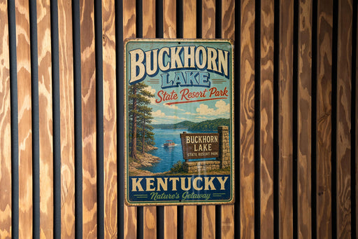 A vintage metal sign for Buckhorn Lake State Resort Park in Kentucky, featuring a scenic illustration of the lake surrounded by trees and mountains.