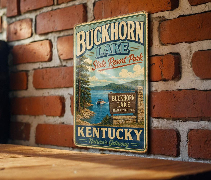 A vintage-style sign for Buckhorn Lake State Resort Park in Kentucky, featuring a scenic illustration of the lake surrounded by trees and mountains.
