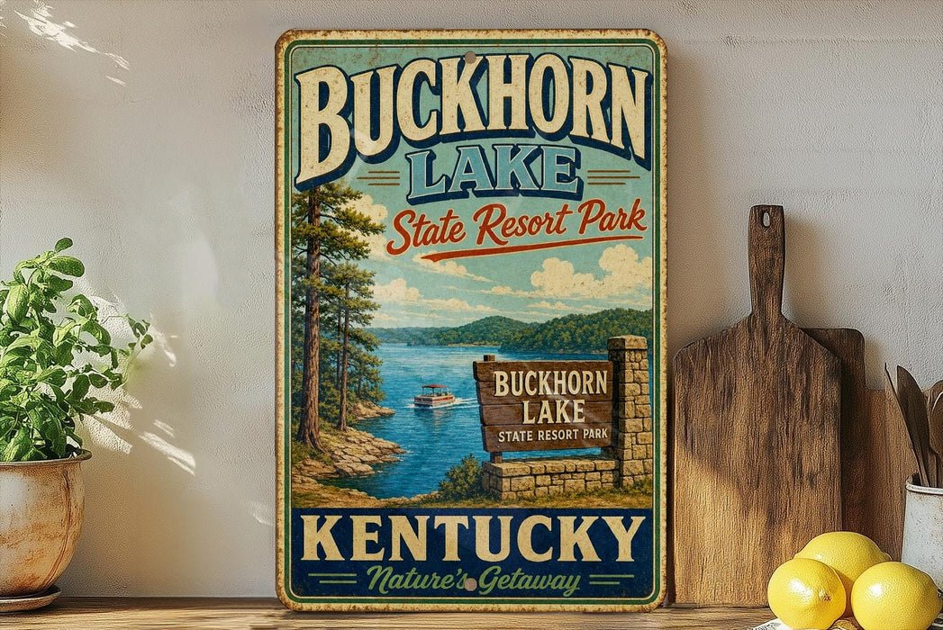 A vintage-style metal sign for Buckhorn Lake State Resort Park in Kentucky, featuring a scenic illustration of the lake surrounded by pine trees and mountains.