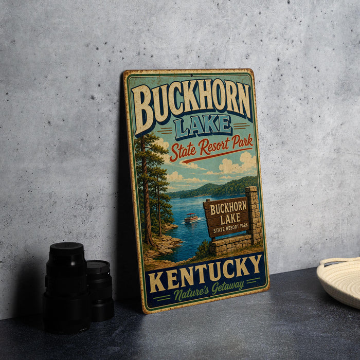 A vintage-style metal sign for Buckhorn Lake State Resort Park in Kentucky, featuring a scenic image of the lake and surrounding landscape.
