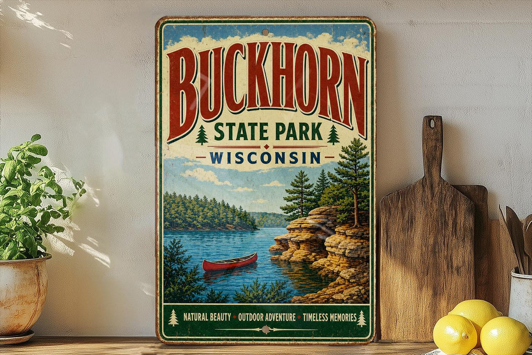A vintage-style sign for Buckhorn State Park in Wisconsin, featuring a scenic landscape with a lake, mountains, and a canoe.