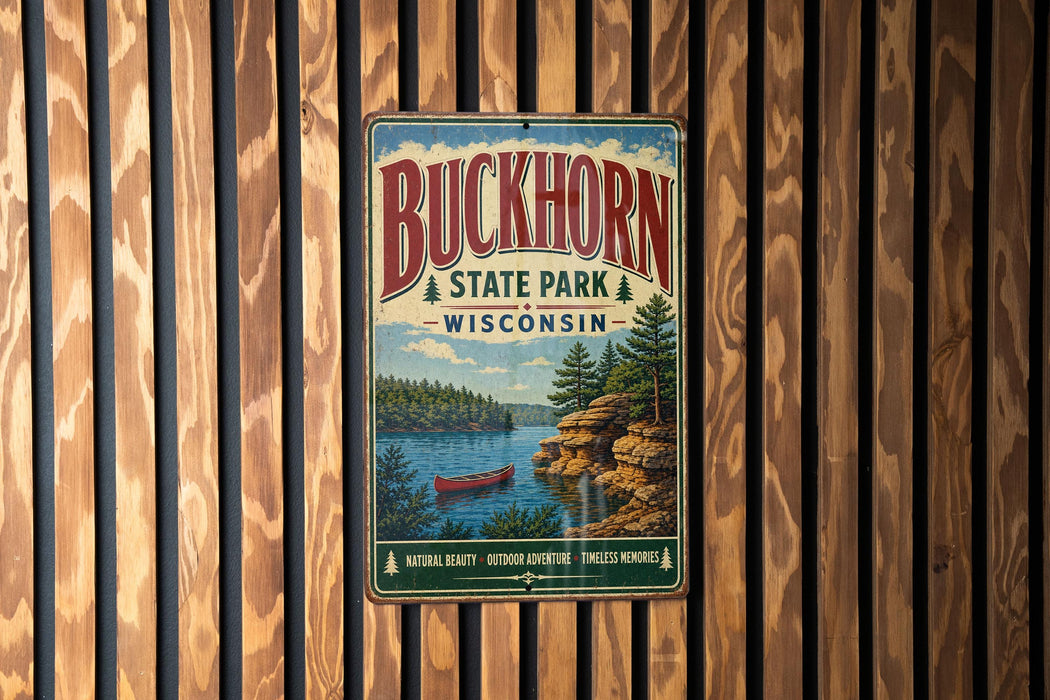 A vintage metal sign for Buckhorn State Park in Wisconsin, featuring a scenic landscape with a lake, mountains, and a red canoe.
