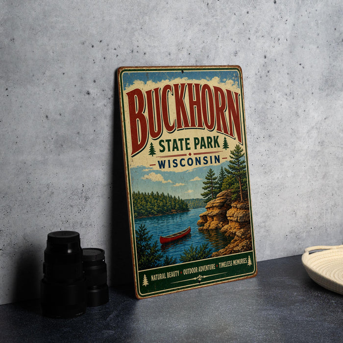 A vintage-style metal sign for Buckhorn State Park in Wisconsin, featuring a scenic landscape with a lake, mountains, and a canoe.