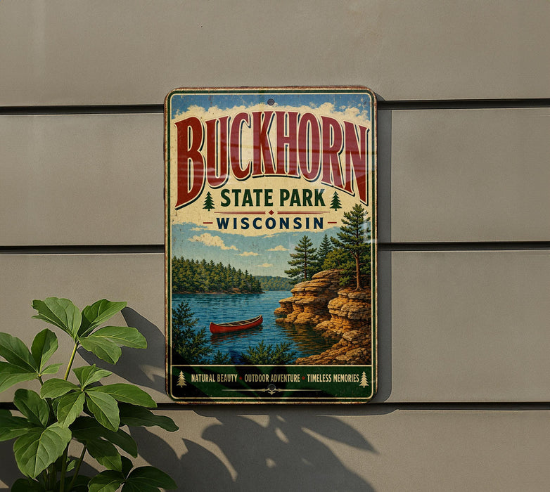 A vintage-style metal sign for Buckhorn State Park in Wisconsin, featuring a scenic landscape with a lake, mountains, and a canoe.