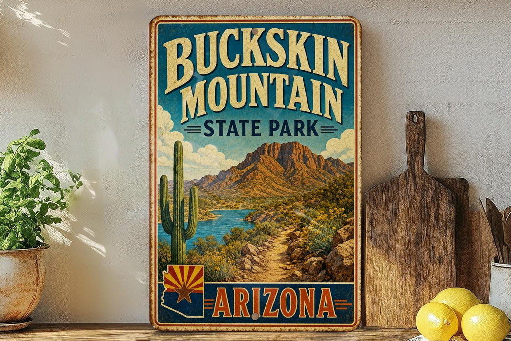 A vintage-style metal sign for Buckkin Mountain State Park in Arizona, featuring a desert landscape with a cactus and mountains in the background.