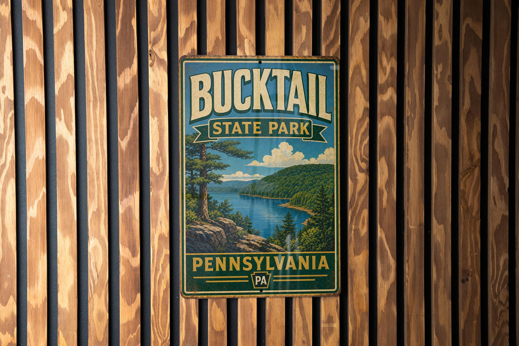 A vintage metal sign for Bucktail State Park in Pennsylvania, featuring a scenic landscape with a lake and mountains.