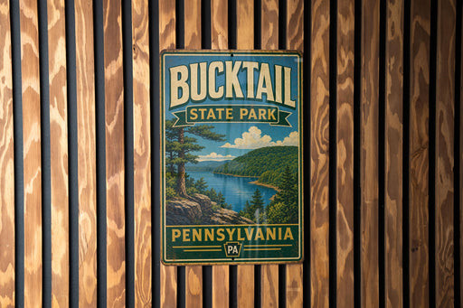 A vintage metal sign for Bucktail State Park in Pennsylvania, featuring a scenic landscape with a lake and mountains.
