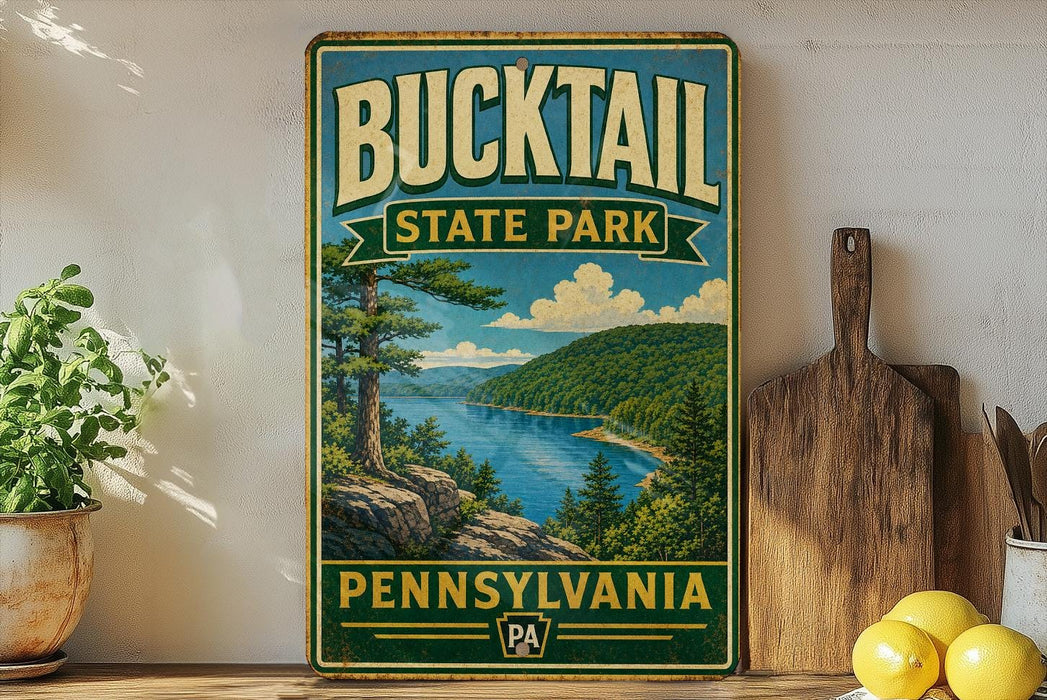 A vintage-style sign for Bucktail State Park in Pennsylvania, featuring a scenic landscape with a lake and mountains.
