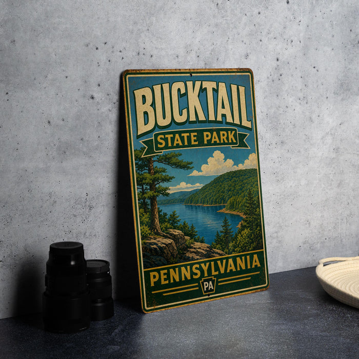 A vintage metal sign for Bucktail State Park in Pennsylvania, featuring a scenic landscape with a lake and mountains.