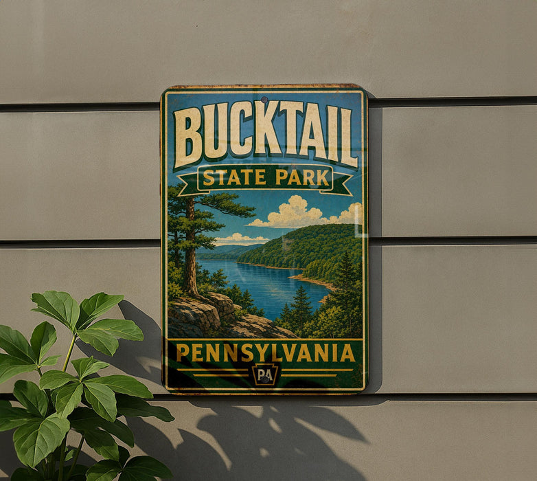 A metal sign with the text "BUCKTAIL STATE PARK PENNSYLVANIA" and a scenic illustration of a lake surrounded by mountains and pine trees.