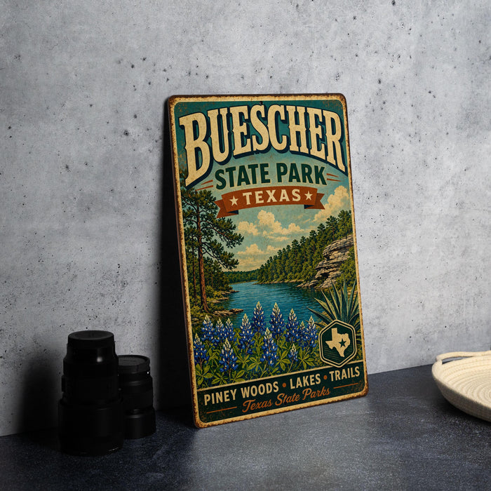 A vintage-style metal sign for Buescher State Park in Texas, featuring a scenic illustration of pine woods, lakes, and trails.