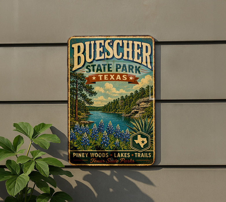 A vintage-style metal sign for Buescher State Park in Texas, featuring a scenic landscape with pine trees, a river, and blue flowers.