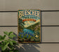A vintage-style metal sign for Buescher State Park in Texas, featuring a scenic landscape with pine trees, a river, and blue flowers.