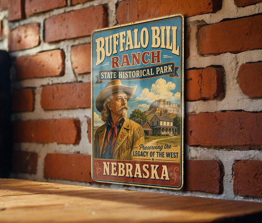 A vintage-style sign for Buffalo Bill Ranch, a state historical park in Nebraska, featuring an illustration of a cowboy in a cowboy hat and a ranch house.