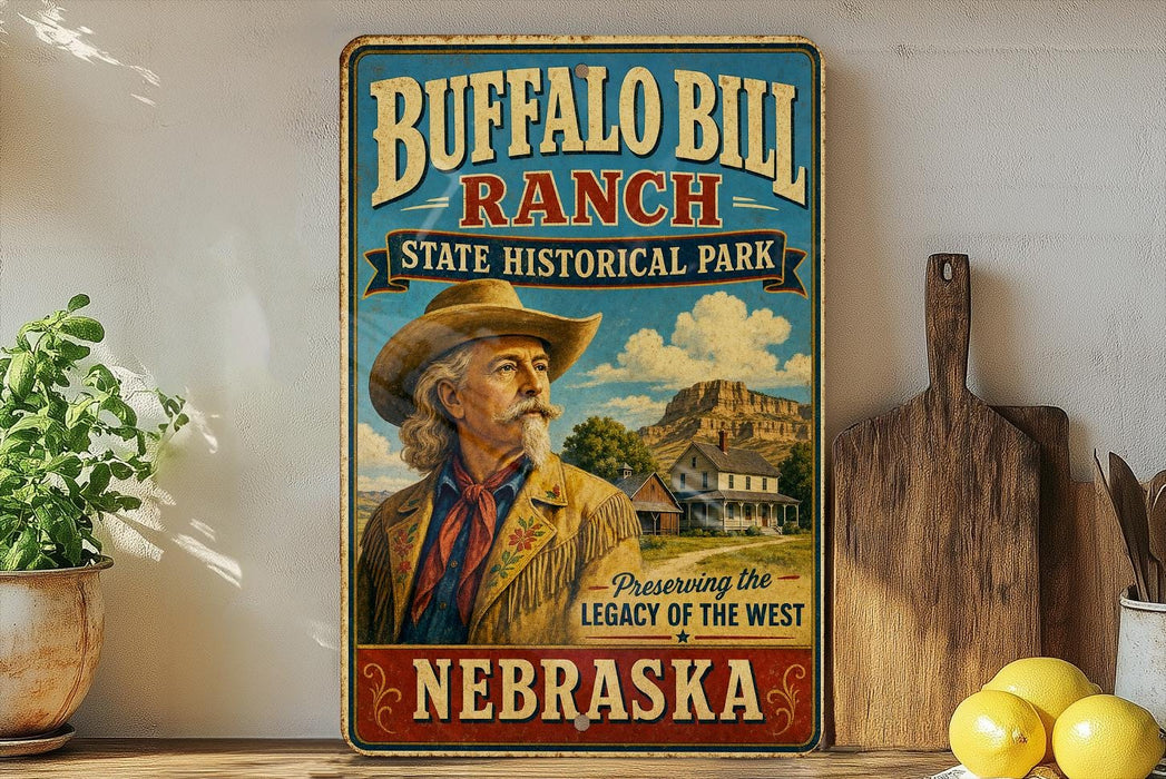 A vintage-style sign for Buffalo Bill Ranch, a state historical park in Nebraska, featuring an illustration of a man in cowboy attire and a scenic landscape.