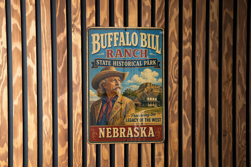 A vintage-style metal sign for Buffalo Bill Ranch, a historic park in Nebraska, featuring an illustration of a man in a cowboy hat and a building in the background.