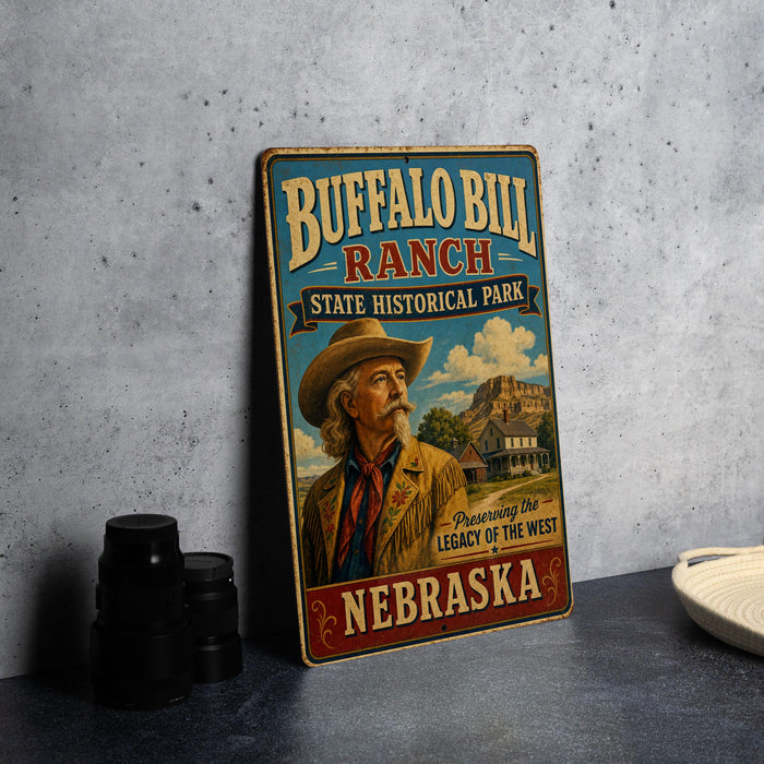 A vintage-style sign for Buffalo Bill Ranch, a state historical park in Nebraska, featuring a cowboy illustration and the text "Buffalo Bill Ranch State Historical Park Preserving the Legacy of the West Nebraska".