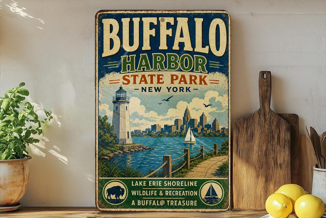 A vintage-style sign for Buffalo Harbor State Park, featuring a lighthouse, a city skyline, and a body of water with a sailboat.