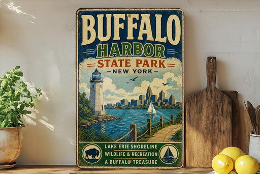 A vintage-style sign for Buffalo Harbor State Park, featuring a lighthouse, a city skyline, and a body of water with a sailboat.