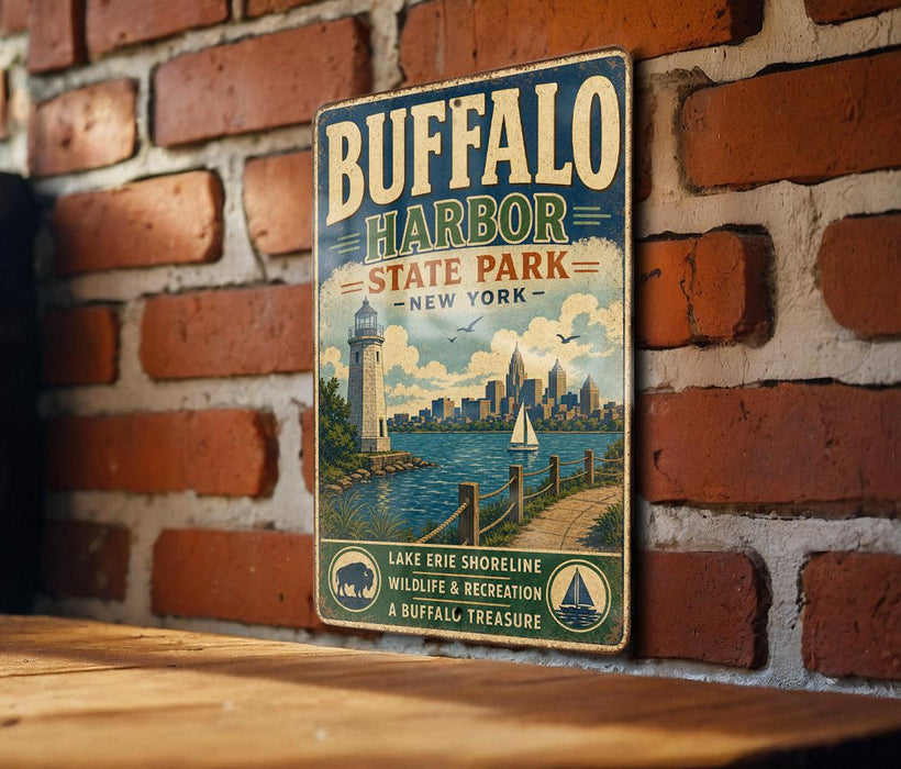 A vintage-style metal sign for Buffalo Harbor State Park in New York, featuring a lighthouse and a cityscape, is displayed on a brick wall.