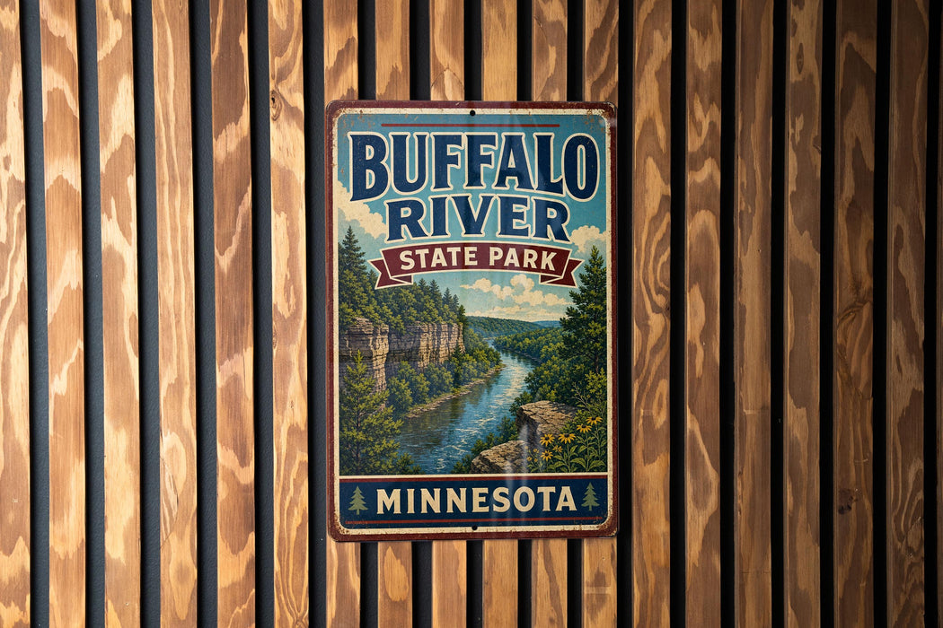 A vintage metal sign for Buffalo River State Park in Minnesota, featuring a scenic illustration of the river surrounded by lush green forests.