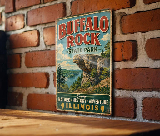 A vintage metal sign for Buffalo Rock State Park, featuring a scenic landscape with a cliff and trees, mounted on a brick wall.