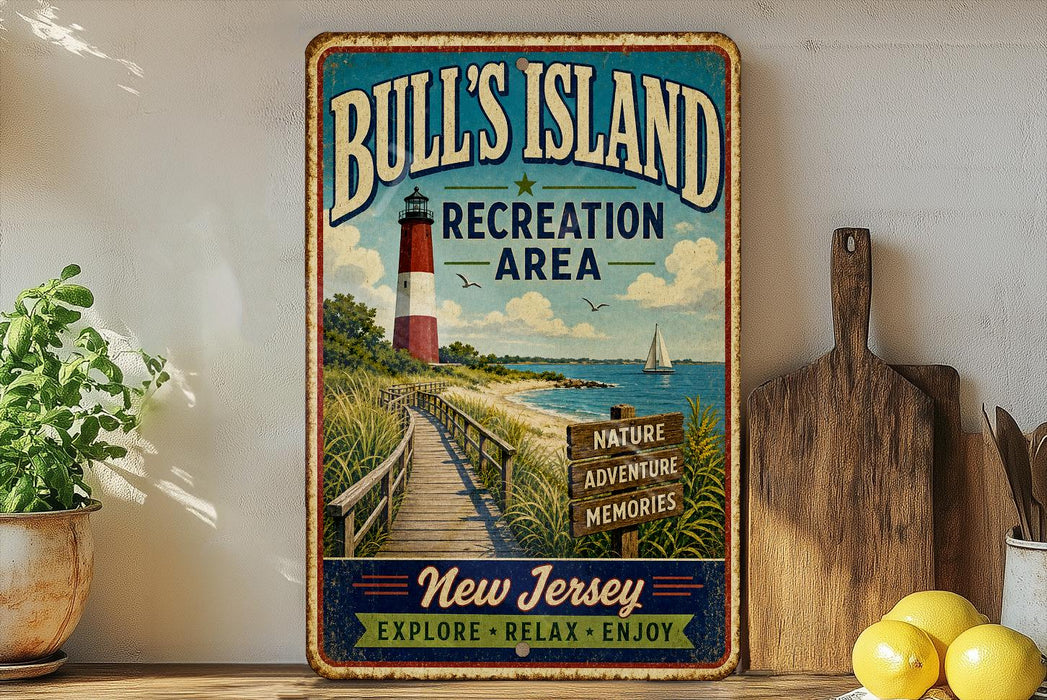 A vintage-style metal sign for Bull's Island Recreation Area in New Jersey, featuring a lighthouse, a wooden boardwalk, and a sign for nature, adventure, and memories.