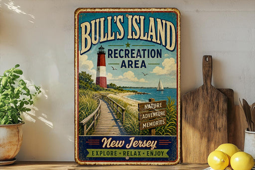 A vintage-style metal sign for Bull's Island Recreation Area in New Jersey, featuring a lighthouse, a wooden boardwalk, and a sign for nature, adventure, and memories.