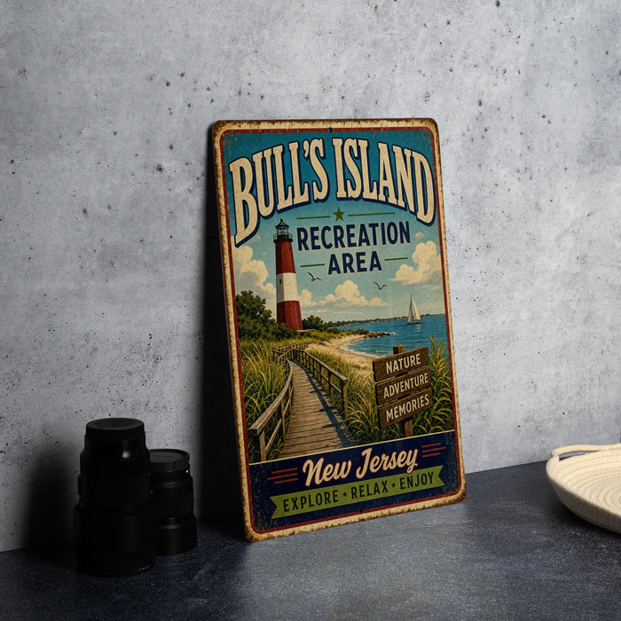 A vintage-style sign for Bull's Island Recreation Area in New Jersey, featuring a lighthouse and a wooden walkway leading to a beach.