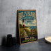 A vintage-style sign for Bull's Island Recreation Area in New Jersey, featuring a lighthouse and a wooden walkway leading to a beach.