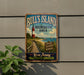 A vintage-style metal sign for Bull's Island Recreation Area, featuring a lighthouse and a wooden walkway leading to a beach.