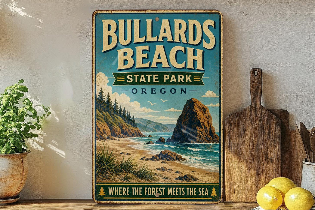 A vintage-style sign for Bullards Beach State Park in Oregon, featuring a scenic illustration of the beach and mountains.