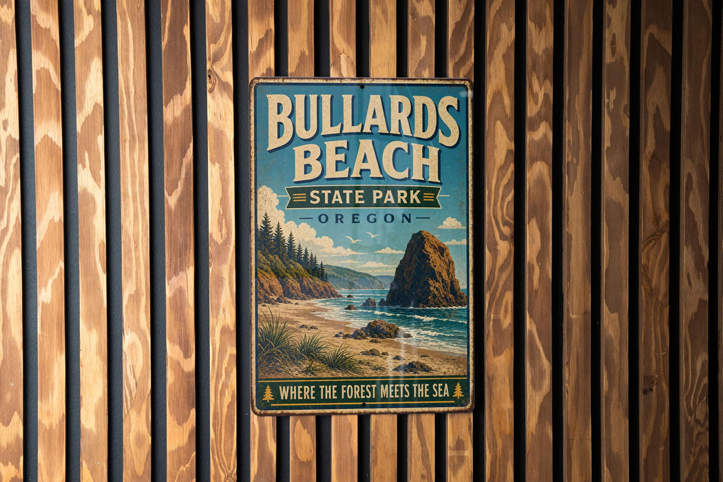 A vintage metal sign for Bullards Beach State Park in Oregon, featuring a scenic illustration of the beach and surrounding landscape.
