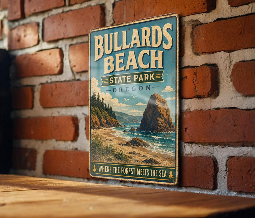 A vintage-style metal sign for Bullards Beach State Park in Oregon, featuring a scenic illustration of the park's landscape.